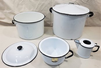 Vintage Black On White Enameled Ware Cookware Group- ~6 Pieces