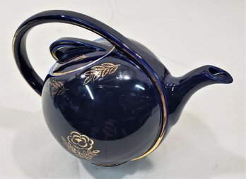 Vintage Art Deco Hall Pottery Airflow 6-Cup Teapot 0443 Cobalt Blue With Gold Accents