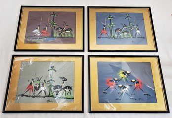 Contemporary Framed & Matted African Tribal Folk Art On Paper Signed NKOU Group- ~4 Pieces