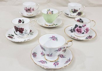 Assorted English Fine Bone China Floral Decorated Teacups & Saucers Group- ~6 Sets