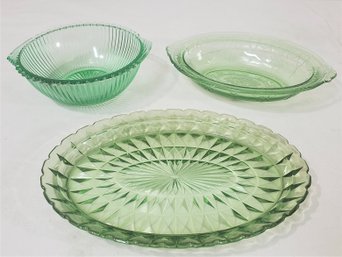 Assorted Vintage Depression Green Vaseline Glass Dishes Group -~3 Pieces (UV Reactive)