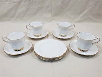 Vintage Paragon Fine Bone China White With Gilt Trim Teacups & Saucers Set Of 4 With 4 Snack Plates