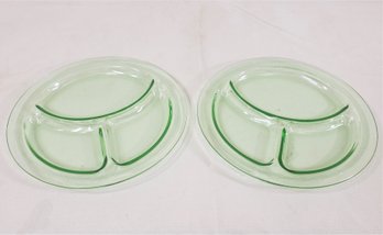 Vintage Depression L.E. Smith Green Vaseline Glass Divided Plates Group- ~2 Pieces (UV Reactive)