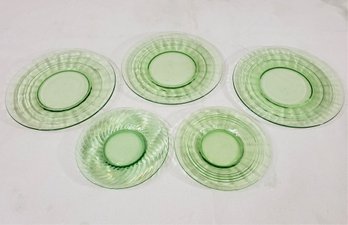 Assorted Vintage Depression Green Vaseline Glass Plates Group- ~5 Pieces (UV Reactive)