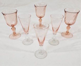 Assorted Vintage Depression Pink Glass Stem Glasses Group- ~6 Pieces