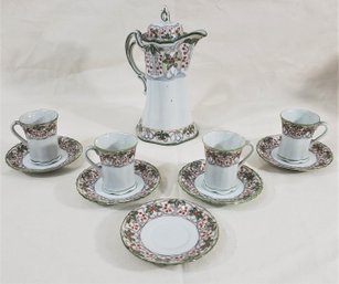 Vintage Hand Painted Porcelain Chocolate Pot W/ Cups & Saucers Set- ~11 Pieces