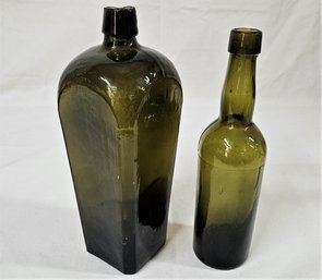 Antique European Olive Green Glass Case Gin & Ale Bottles Group- ~2 Pieces