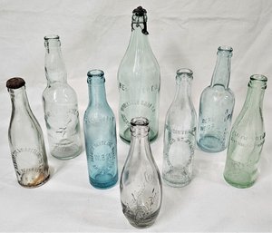 Assorted Antique Crown Top Embossed Soda & Beer Glass Bottles Group- ~8 Pieces