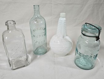 Assorted Vintage Embossed Glass Bottles & Jar Group- 4 Pieces