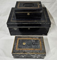 Antique Black & Gold Pressed Tin Document Boxes Group- ~3 Pieces