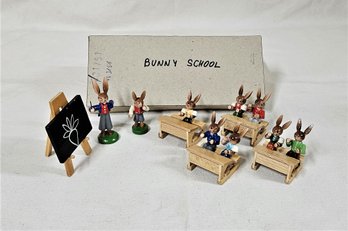 Vintage Erzgebirge GDR Hand Painted Wooden Bunny School Figurine Box Set- ~17 Pieces