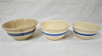 Assorted Vintage Blue & White Stripe Yellow Ware Mixing Bowls Group- ~3 Pieces