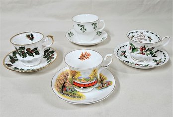 Vintage Holiday & Seasonal Fine Bone China Teacup & Saucer Sets Group- ~8 Pieces