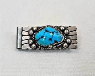 Vintage Southwest Native American Sterling Silver & Turquoise Money Clip