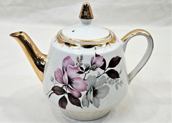 Vintage Gibson Staffordshire England Pink & Grey Floral Gilt Teapot