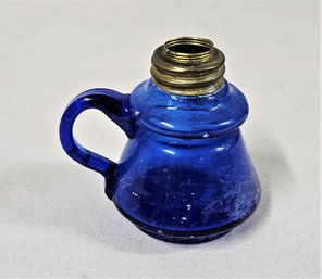 Antique Cobalt Blue Glass Miniature Finger Lamp With Applied Handle