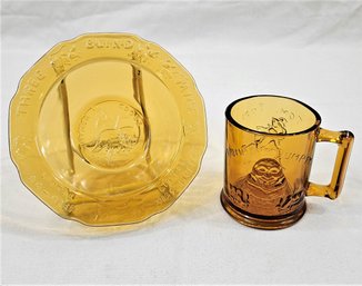 Vintage Indiana Glass Tiara Amber Humpty Dumpty/Tom Tom Mug & Mother Goose Nursery Rhyme Bowl Group- ~2 Pieces