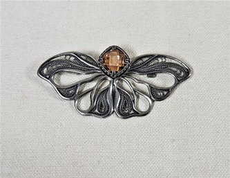 Contemporary Silpada Sterling Silver Filigree & Faceted Champagne CZ Butterfly/Moth Brooch I1224