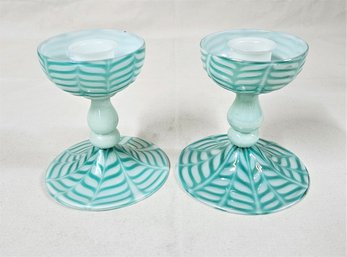 Vintage Venetian Handblown Art Glass Iridescent Turquoise & Opal White Fenecio Candlesticks Set