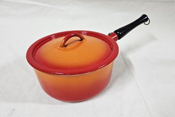 Descoware 80-C Flame Red/orange Enameled Cast Iron Saucepan With Wood Handle & Lid
