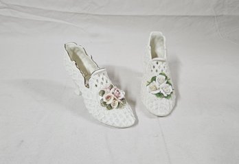 Assorted Porcelain Rose Capodimonte-Type High Heel Shoe Slippers Group- ~2 Pieces