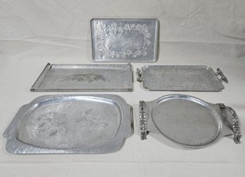 Assorted Hand Wrought & Forged Aluminum Trays Group- ~5 Pieces
