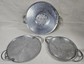 Assorted Hand Wrought & Forged Aluminum Round Handled Serving Trays Group- ~3 Pieces