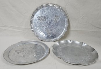 Assorted Hand Wrought & Forged Aluminum Round Serving Trays Group- ~3 Pieces