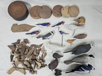 Assorted Unfinished Hand Carved Wood Bird Bodies & Other Parts Group