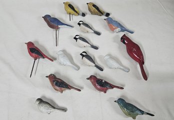 Assorted Hand Painted Metal & Ceramic Bird Plant Pick Spikes Group- ~15 Pieces
