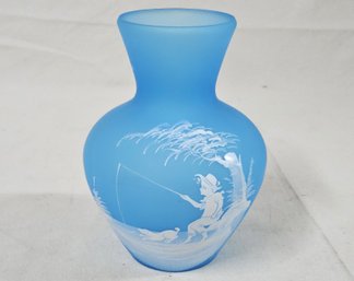 1994 Fenton Hand Painted Mary Gregory Style Blue Glass Vase Signed L. Plues