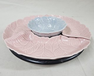 California Pottery No. 333 Pink & Blue/Grey Leaf Pattern Chip & Dip/Tidbit Pottery Set With Lazy Susan