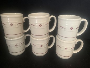 Collectible Longaberger Pottery Red Woven Traditions 6 Piece Coffee Mugs Set