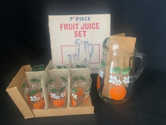 Vintage NIOB Anchor Hocking 7-Piece Fruit Juice Set With Oranges Decoration