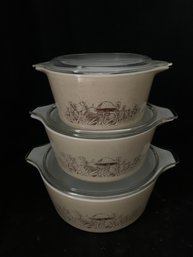 Vintage Pyrex Forest Fancies Mushroom Pattern Round 473-475 Casserole Set With Lids- ~6 Pieces