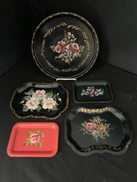 Assorted Vintage Small Hand Painted Floral Decorated Tole Metal Trays Group- ~5 Pieces