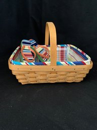 Collectible Handmade Longaberger Napkin Holder Basket W/ Sunny Day Cloth Liner, Protector, & Flip Flops Weight