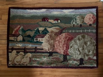 Contemporary Small Rectangular Hooked Rug With Country Landscape Scene