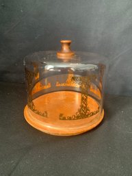 Vintage Pyrex Cheese Server Glass Dome W/ Gold Trim & Wood Base