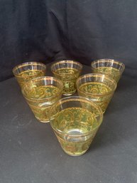 Vintage Culver Glassware Toledo Pattern Low Ball Glasses Green W/ 22KT Gold Trim Group- ~6 Pieces