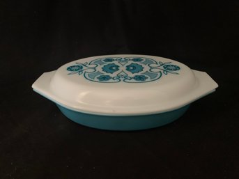 Vintage Pyrex Horizon Blue 1 1/2 Qt.  Blue Divided Casserole Opal Lid W/ Horizon Blue Design