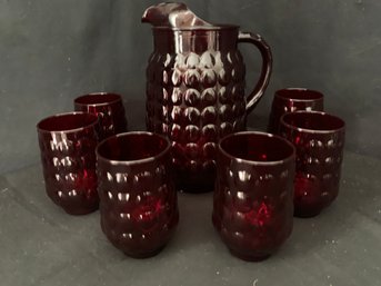 Anchor Hocking Fire King Royal Ruby Bubble Pitcher & 6 Water Glasses