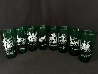 Vintage Fire King Forest Green Gay Nineties Glasses Set Of ~8