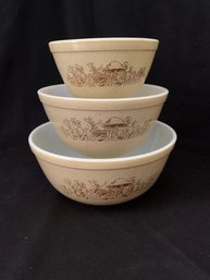 Vintage Pyrex Forest Fancies Mushrooms 3 Piece Mixing Bowl Set 401, 402, 403