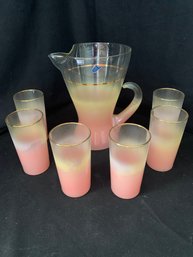 Vintage NIOB Mid-Century West Virginia Glass Blendo Grapefruit Pink 7-Piece Water Set