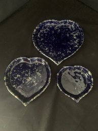 Collectible Bennington Potters Pottery Blue Agate Heart Shape Coupe Dishes Group- ~3 Pieces