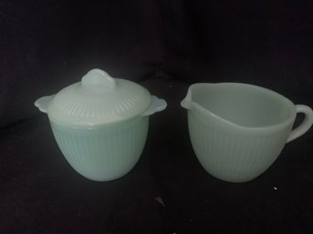 Vintage Anchor Hocking Fire King Jane Ray Jadeite Covered Sugar & Creamer Set