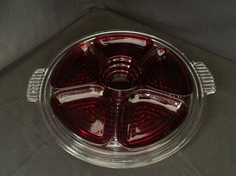 Vintage Depression Anchor Hocking Manhattan 14' Glass Relish Tray W/ Ruby Inserts Set