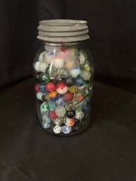 Vintage Brockway Canning Fruit Jar Full Of Machine-Made Marbles (Some UV Reactive)