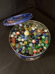 Assorted Vintage Machine-Made Marbles In A Cookie Tin- ~6lbs. /~480 Marbles (some UV Reactive)